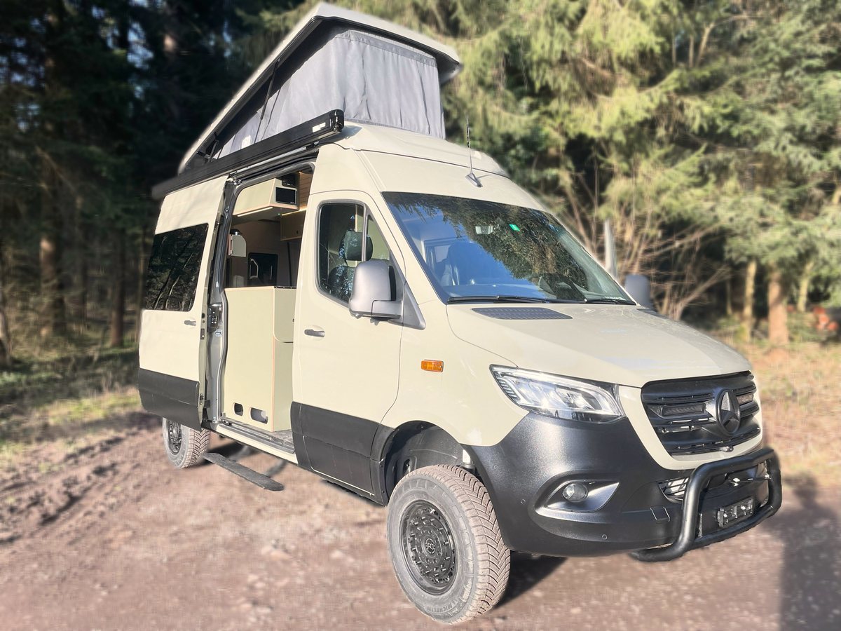 Sprinter mit geöffnetem Schlafdach am Waldrand